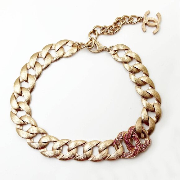 Chanel Rose Gold CC Fuchsia Crystal Chain Choker Necklace - Picture 1 of 5